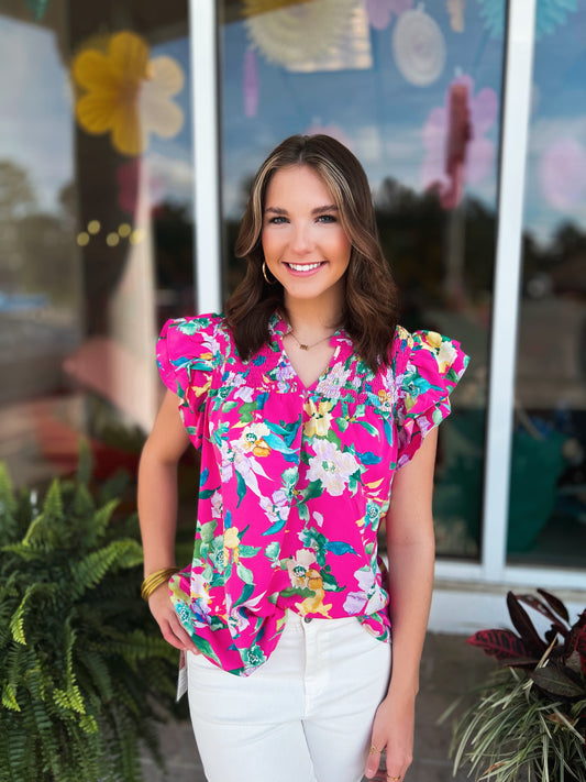 Tiffany Tropical Flutter Sleeve Top