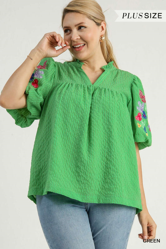 Curvy Checkered Seer Sucker Embroidered Sleeves Top