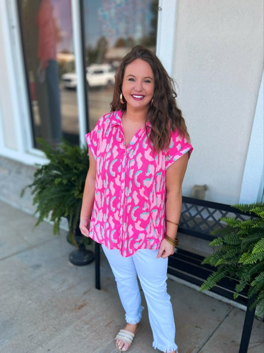 Curvy Cutie In Pink Mixed Print Button Up Top