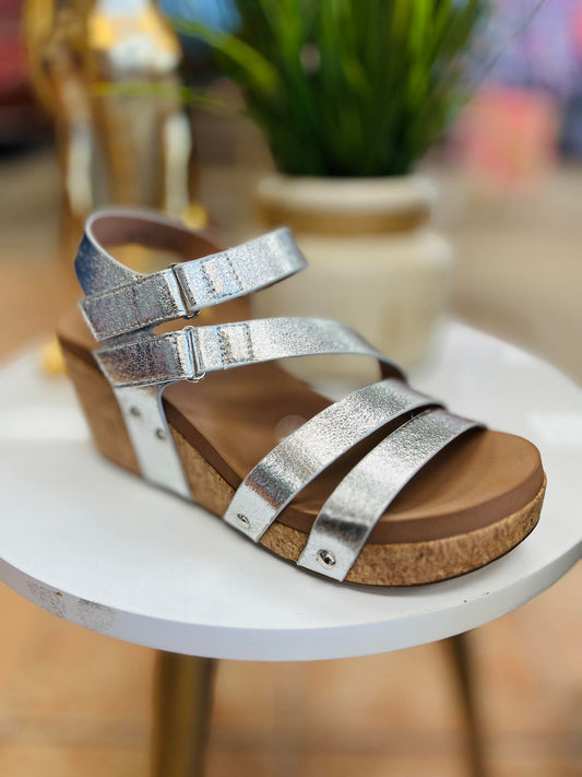 Corkys Silver Giggle Strappy Wedges