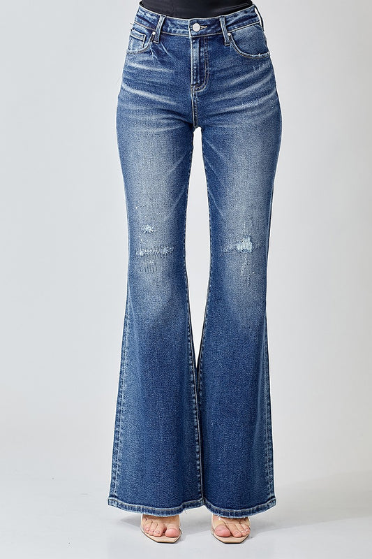 Curvy Risen High Rise Stitched Detail Flare Jeans