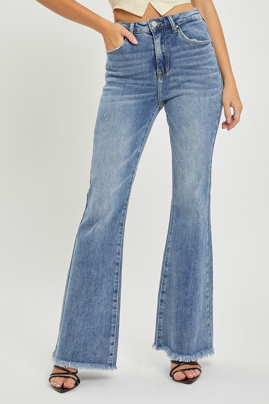 Curvy Risen High Rise Vintage Frayed Hem Flare Jeans