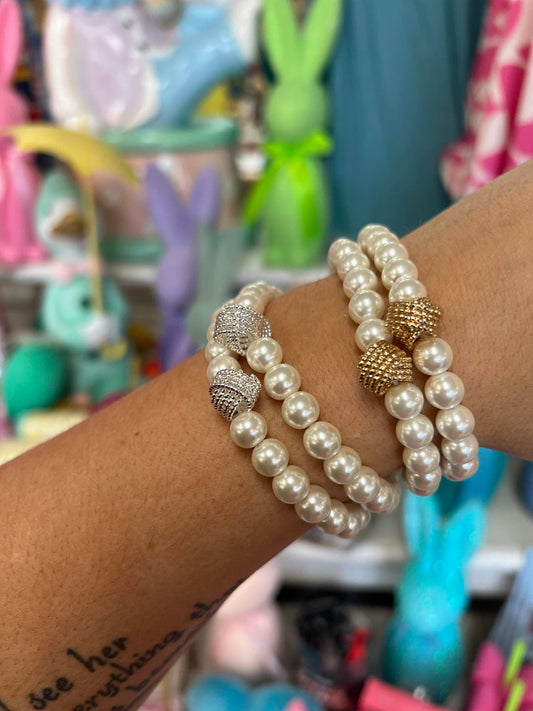Paired Pearl Bracelets with Pendant Detail