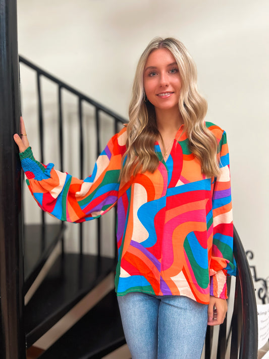 Megan Multicolored Smocked Sleeve Top