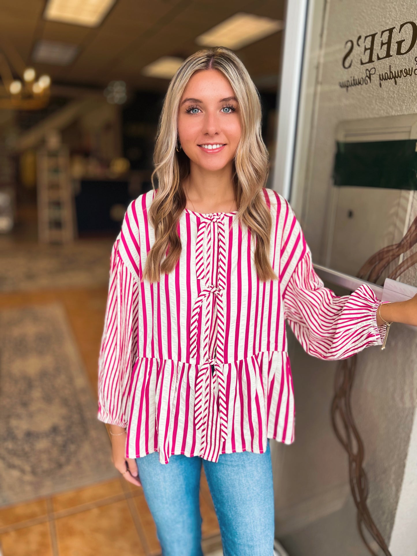 Corrine Tie Front Peplum Striped Top