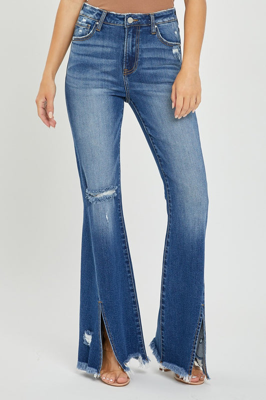 Risen High Rise Flare Front Slit Frayed Hem Jeans