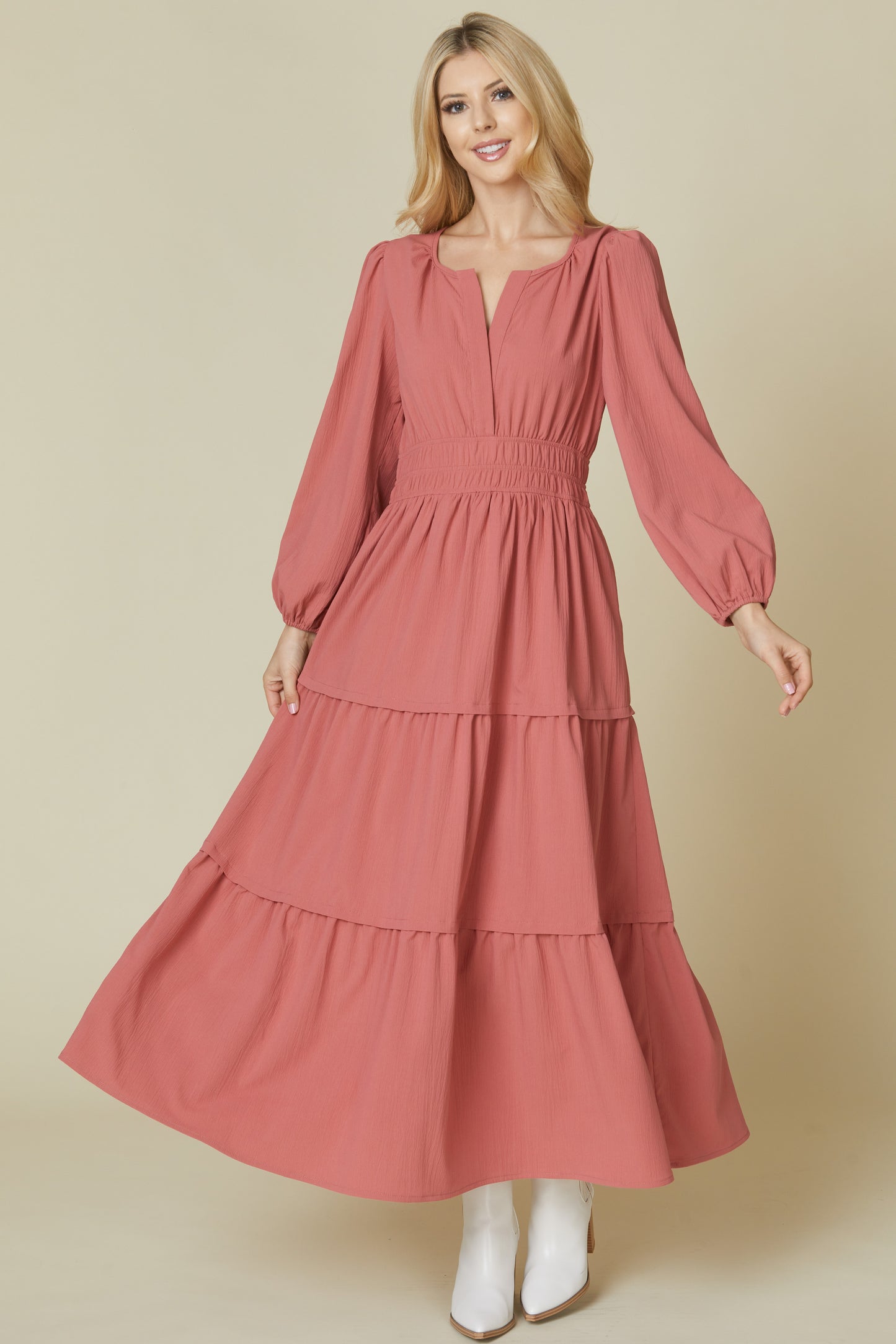 Catie Solid Woven Tiered Maxi Dress