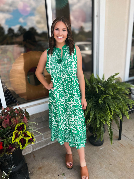 Green Antique Printed Sleeveless Dress