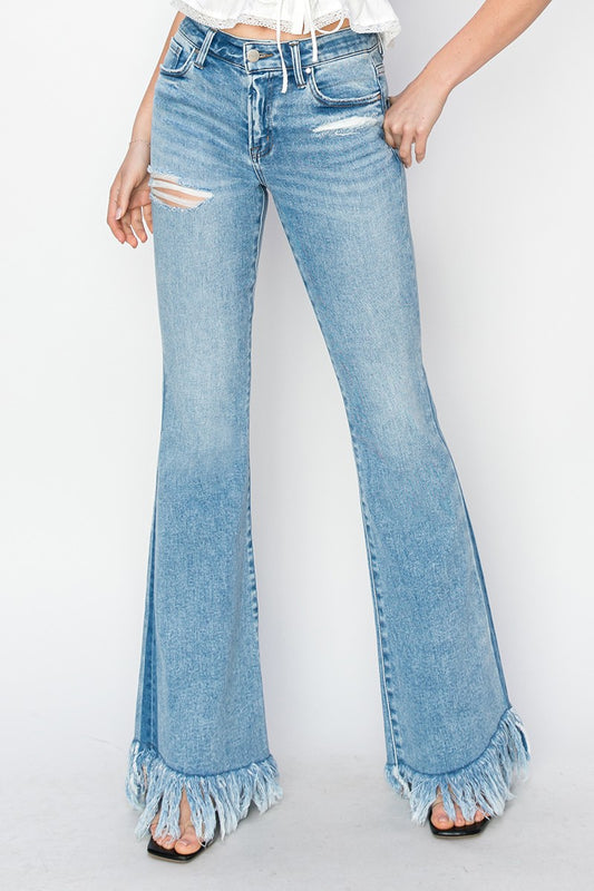 Curvy Risen Mid-Rise Flare Frayed Jeans