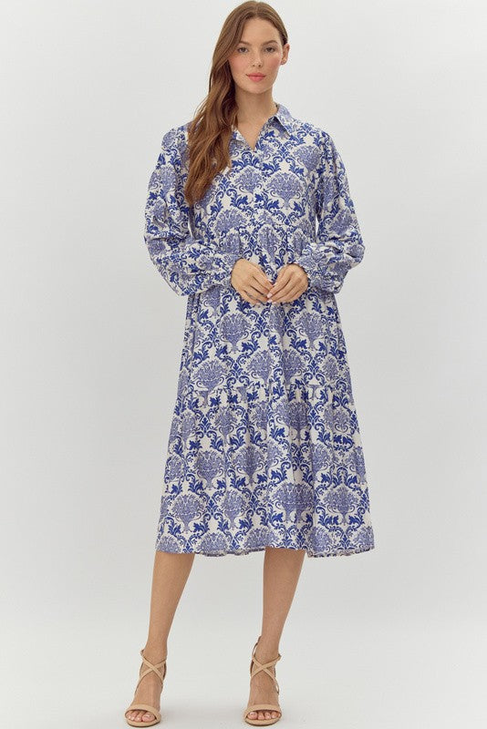 Blue Bohemian Print Midi Dress