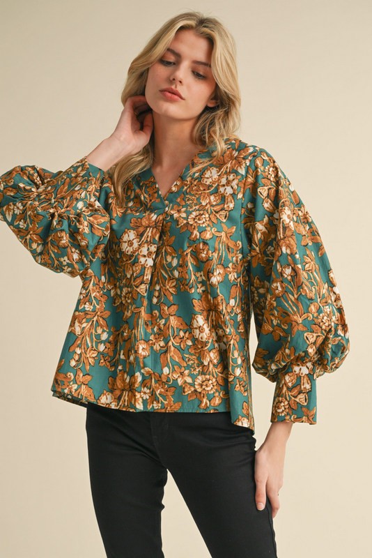 Frida Floral Print Balloon Sleeves Top