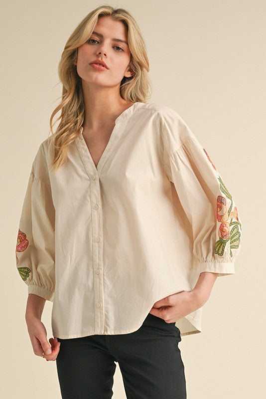 Fallon Flower Embroidered Sleeve Top