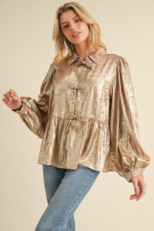 Macy Metallic Bow Tie Babydoll Top