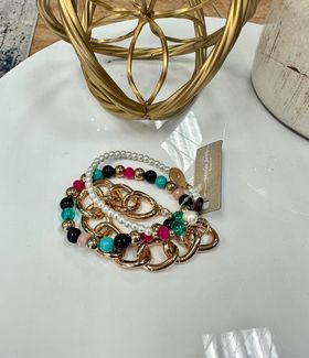 Gold and Pearl Colorful Detailed Bracelet Set