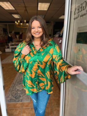 Curvy Bleed Green and Gold Satin Top