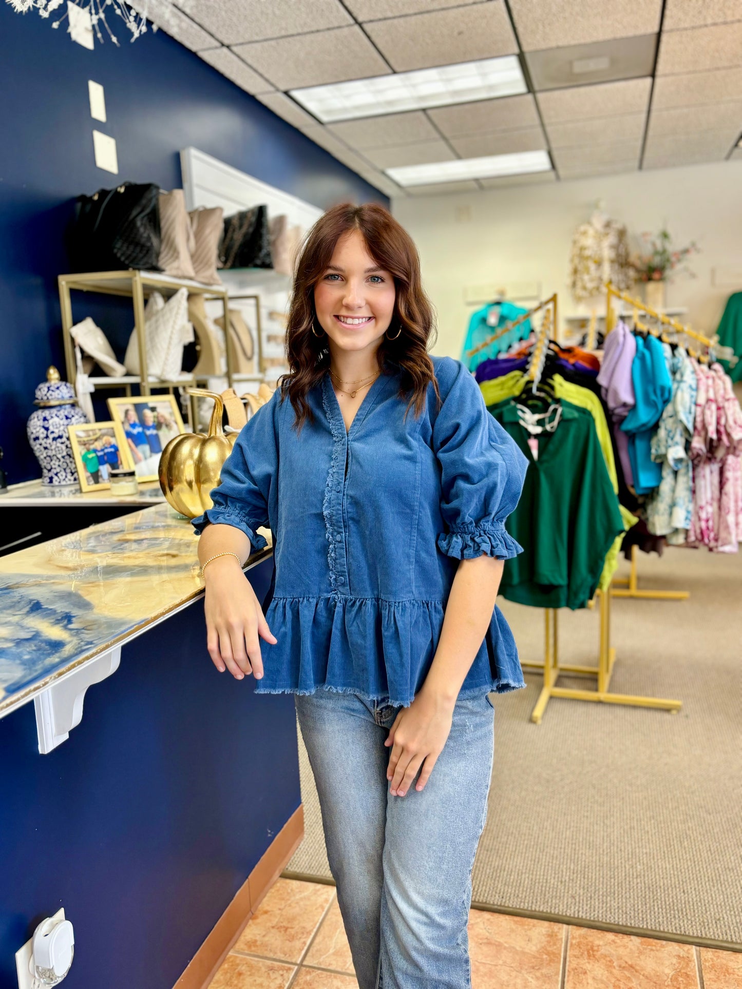 Dancing In Denim Blue Peplum Top