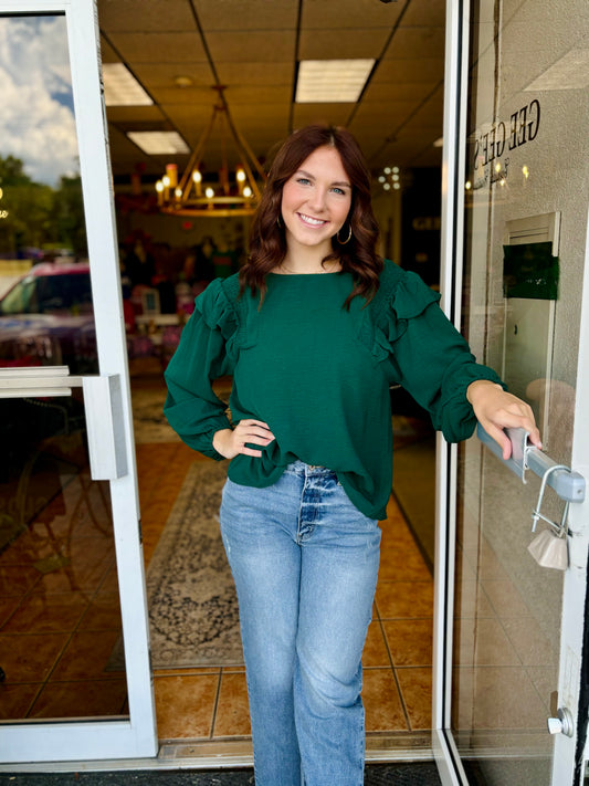 Hunter Green Ruffled Sleeve Top