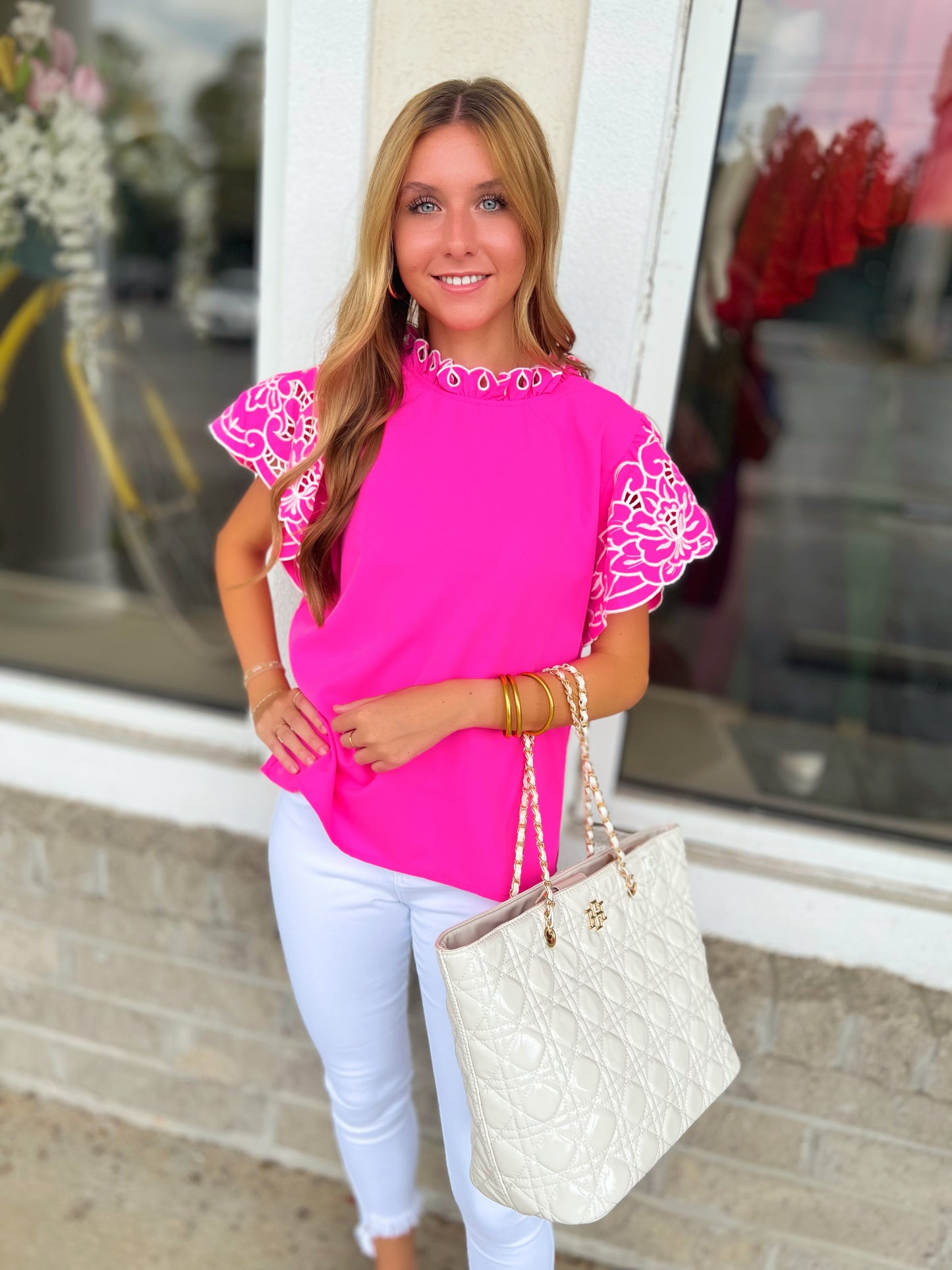 Harper Hot Pink Detailed Sleeve Top