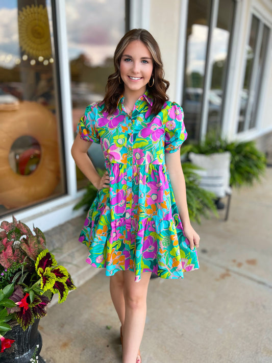 Trisha Tropical Print Button Front Dress