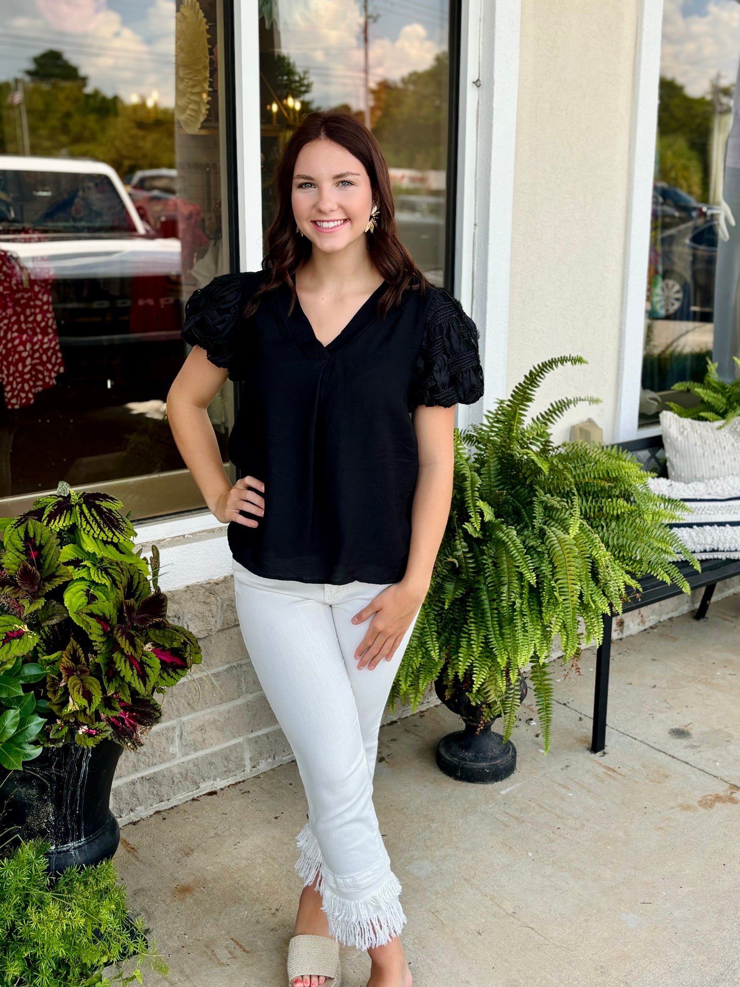 Sydney Solid Textured Sleeve Neck Tie Top