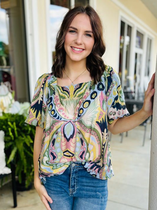 Marley Mixed Print Round Neck Top