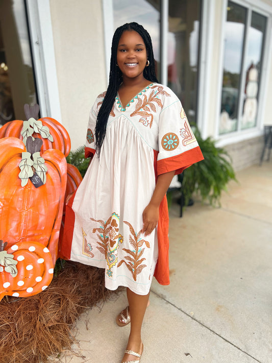 Luna Linen Boho Embroidered Midi Dress