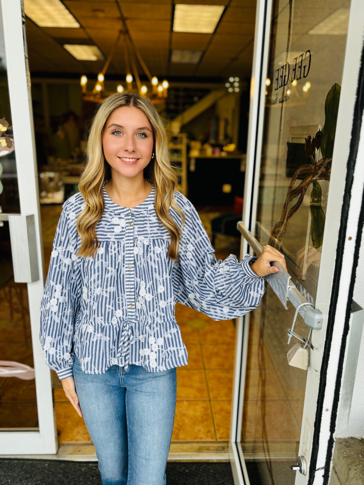 Kimberly Navy Mixed Embroidered Top