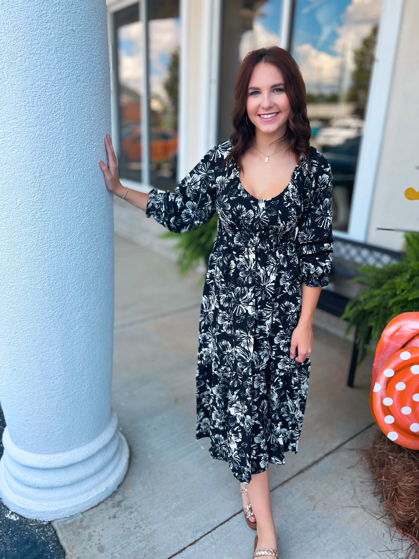 Annalise Black Printed Smocked Midi Dress