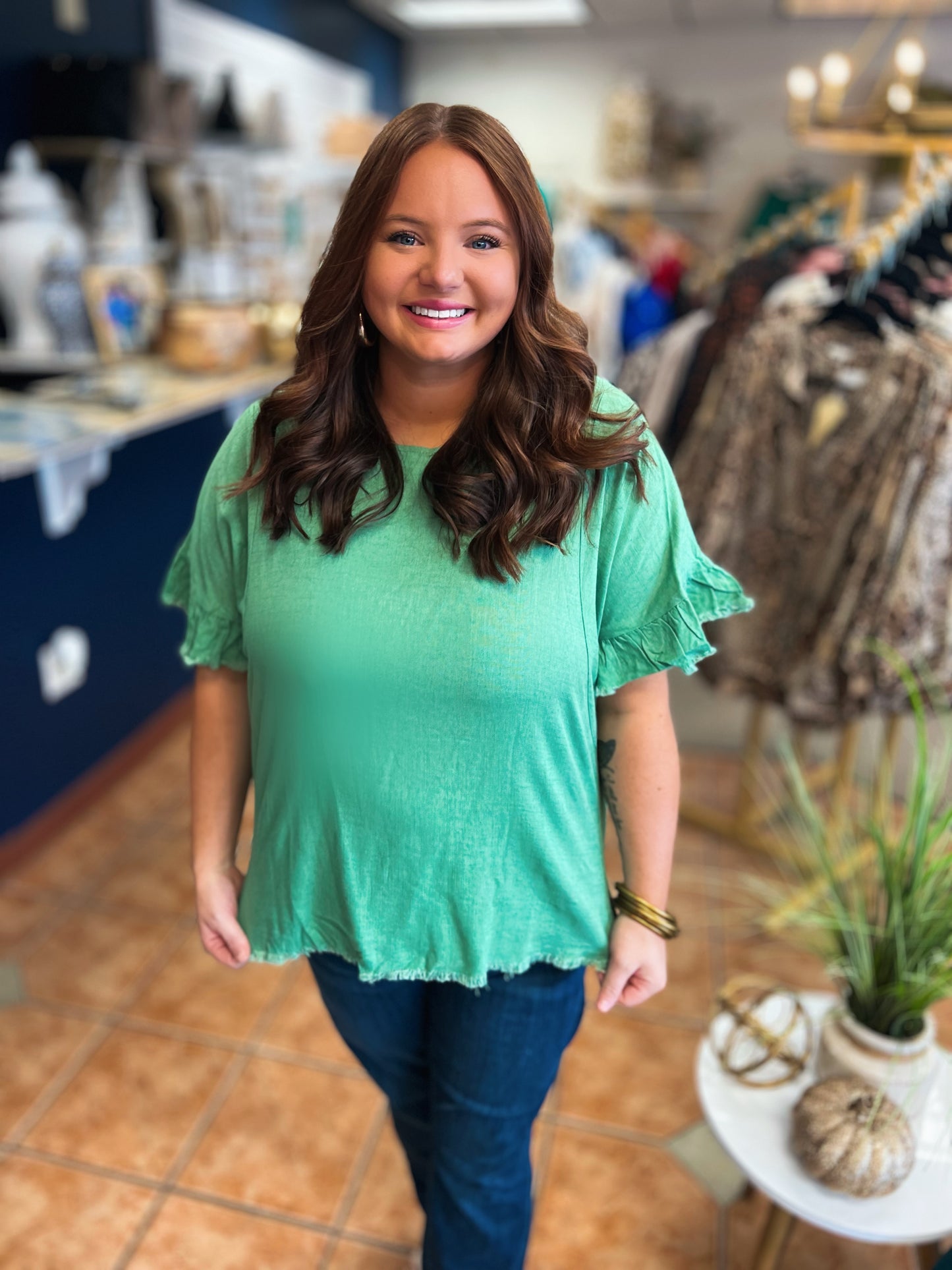 Curvy Gailey Green Open Back Linen top