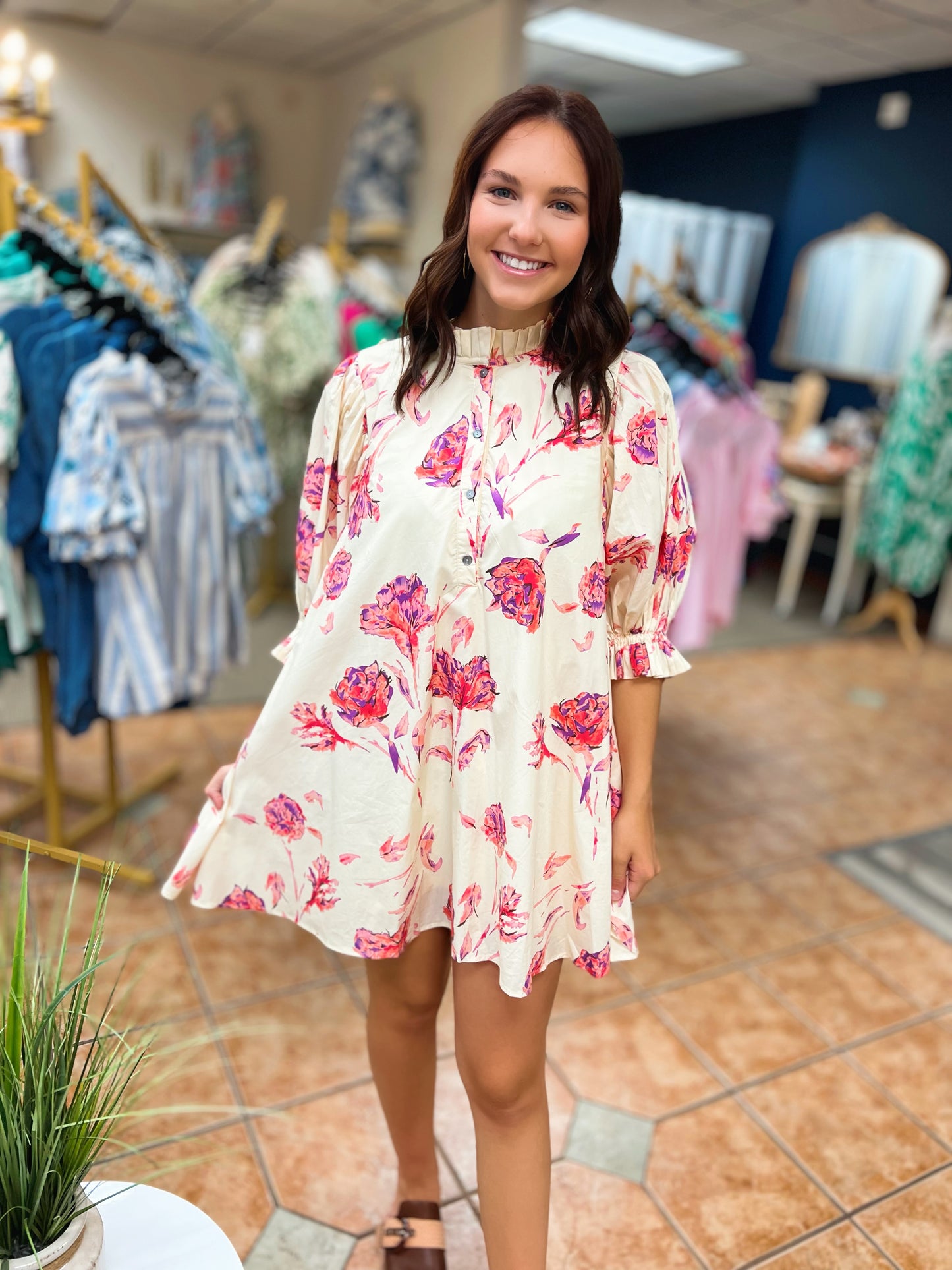 Curvy Caroline Cream Floral Chic Dress