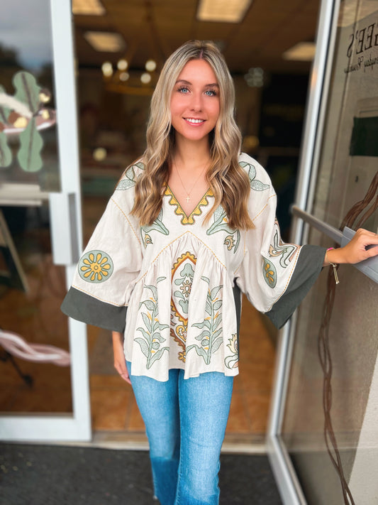 Lindsey Linen Boho Embroidered Top