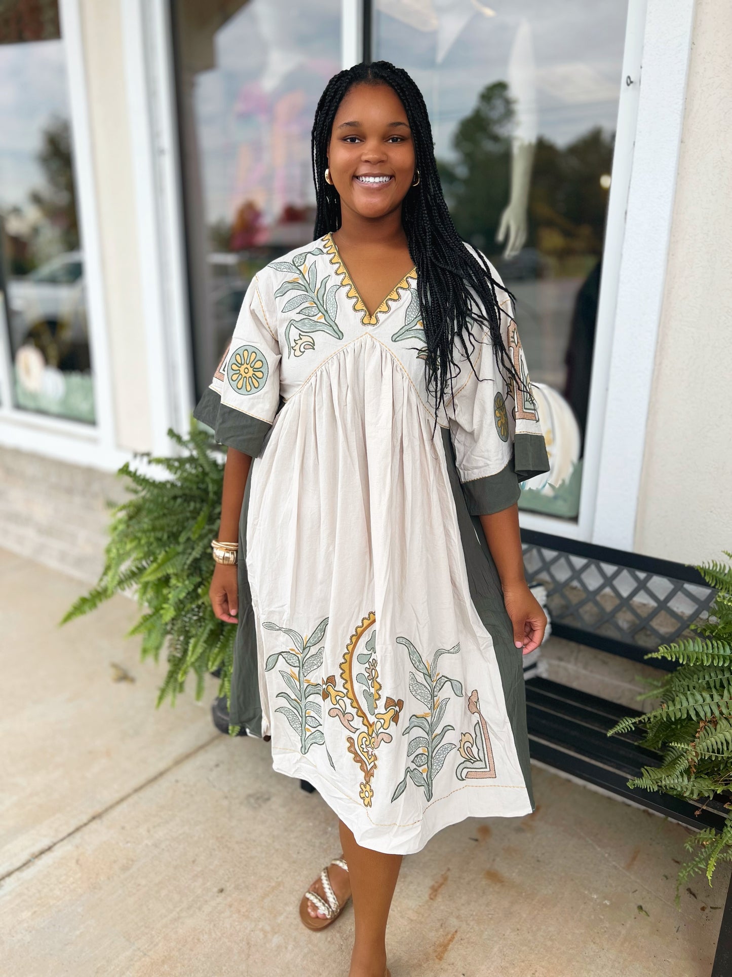 Luna Linen Boho Embroidered Midi Dress