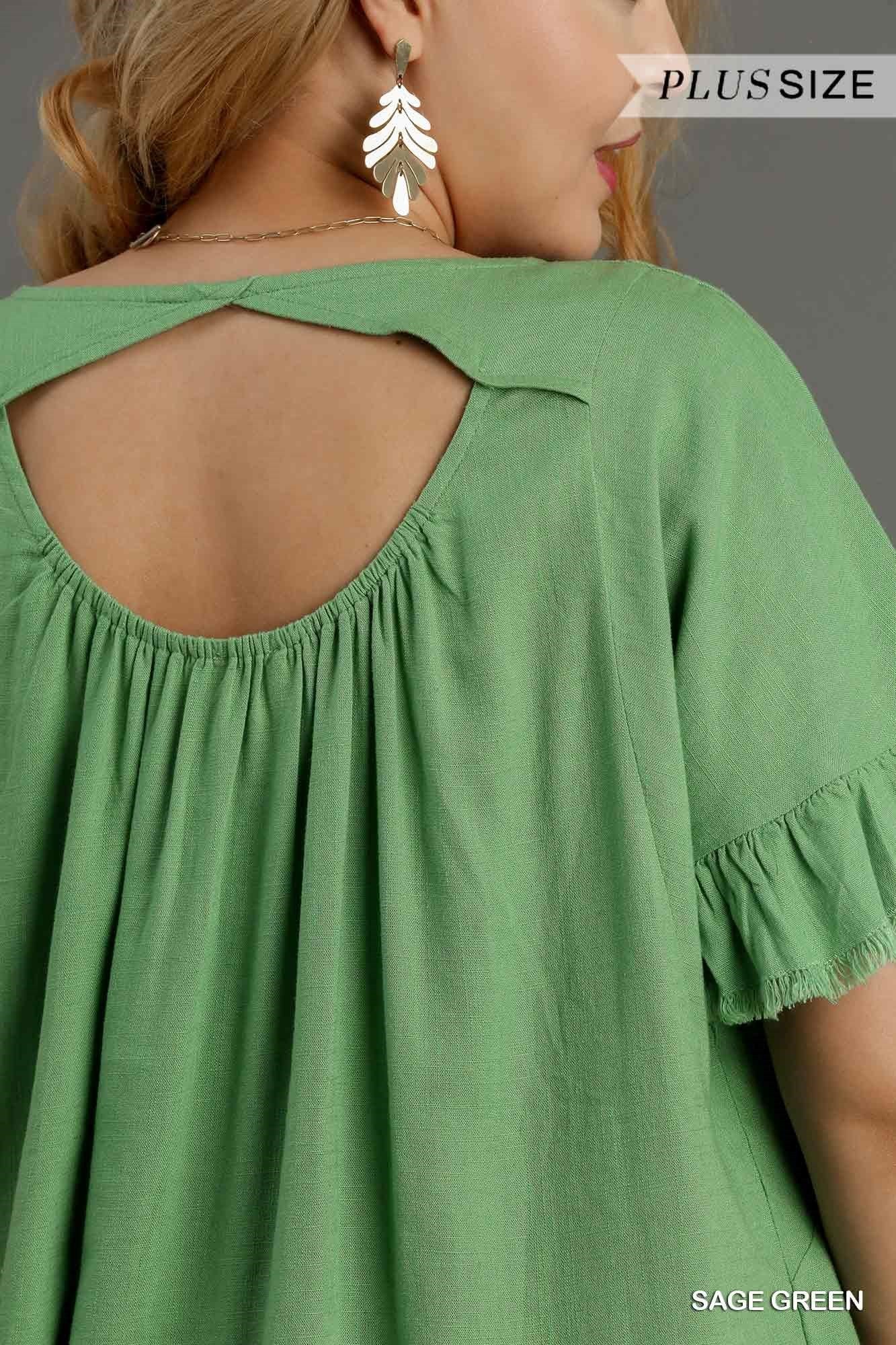 Curvy Gailey Green Open Back Linen top