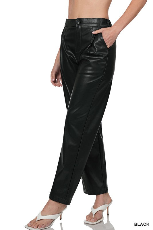 Faux Leather High Waist Button Up Pants