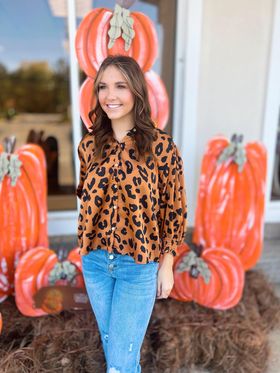 Satin Camel Leopard Button Down Dena Top