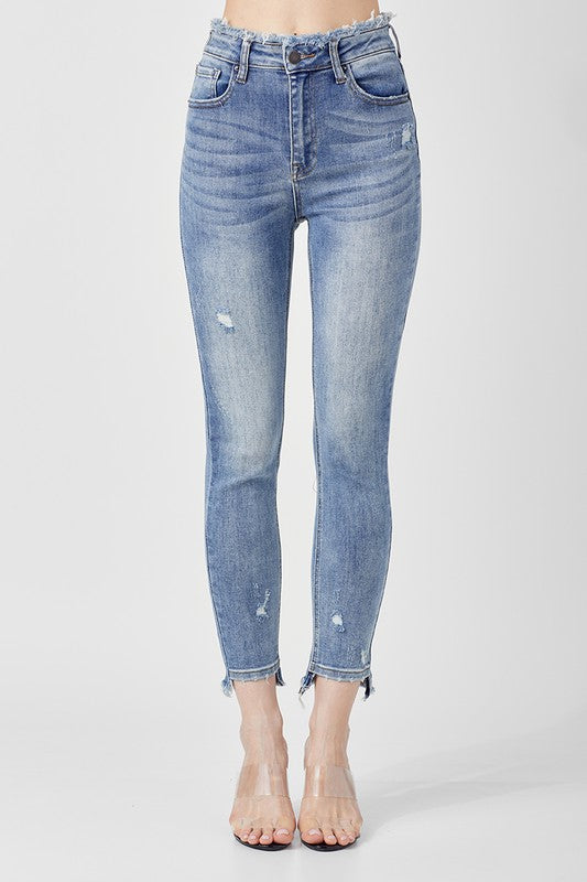 Risen Frayed Waist Skinny Jeans