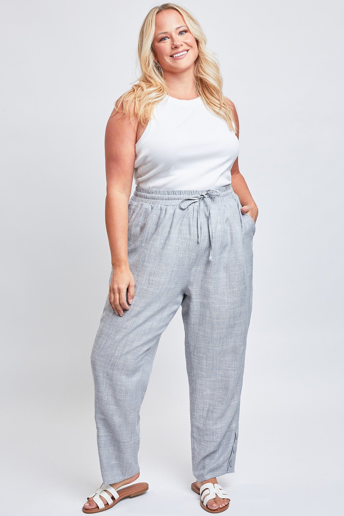 Curvy Linen Cross Dye Button Hem Pants