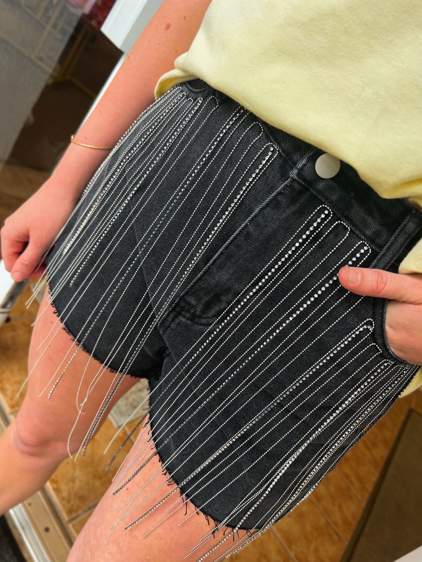 Charcoal Denim Shorts With Rhinestone Fringe Details