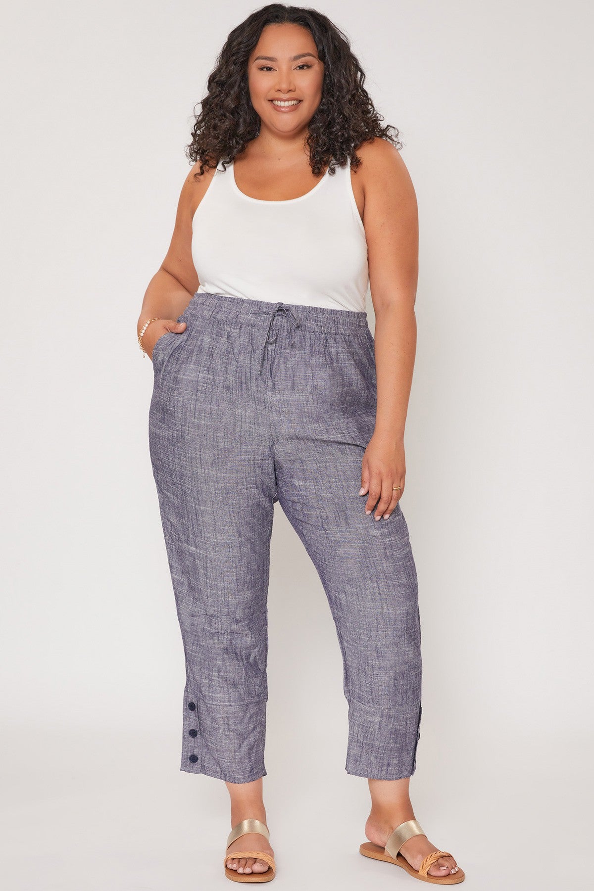 Curvy Linen Cross Dye Button Hem Pants