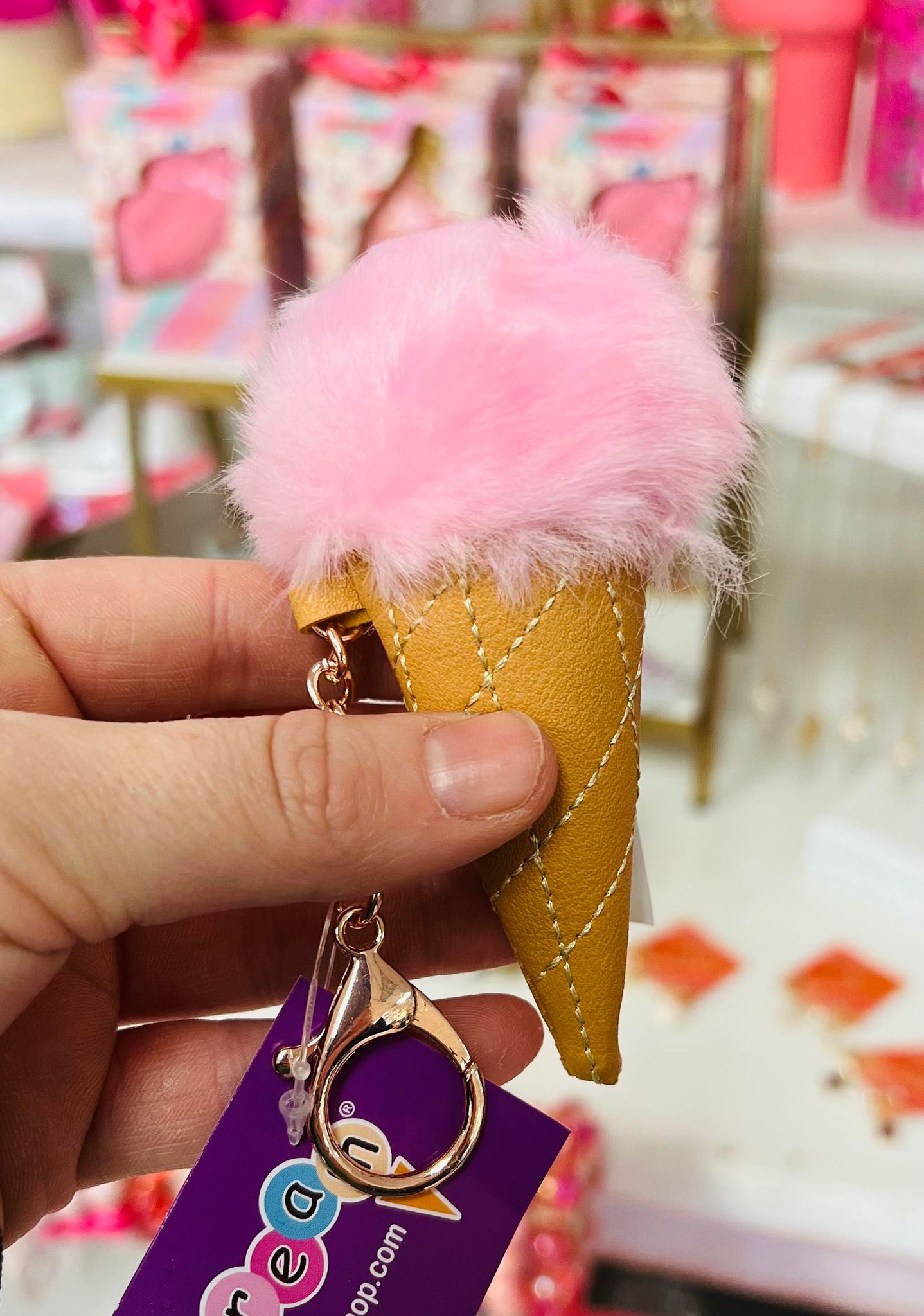 Pink Ice Cream Pom Pom Clip Keychain