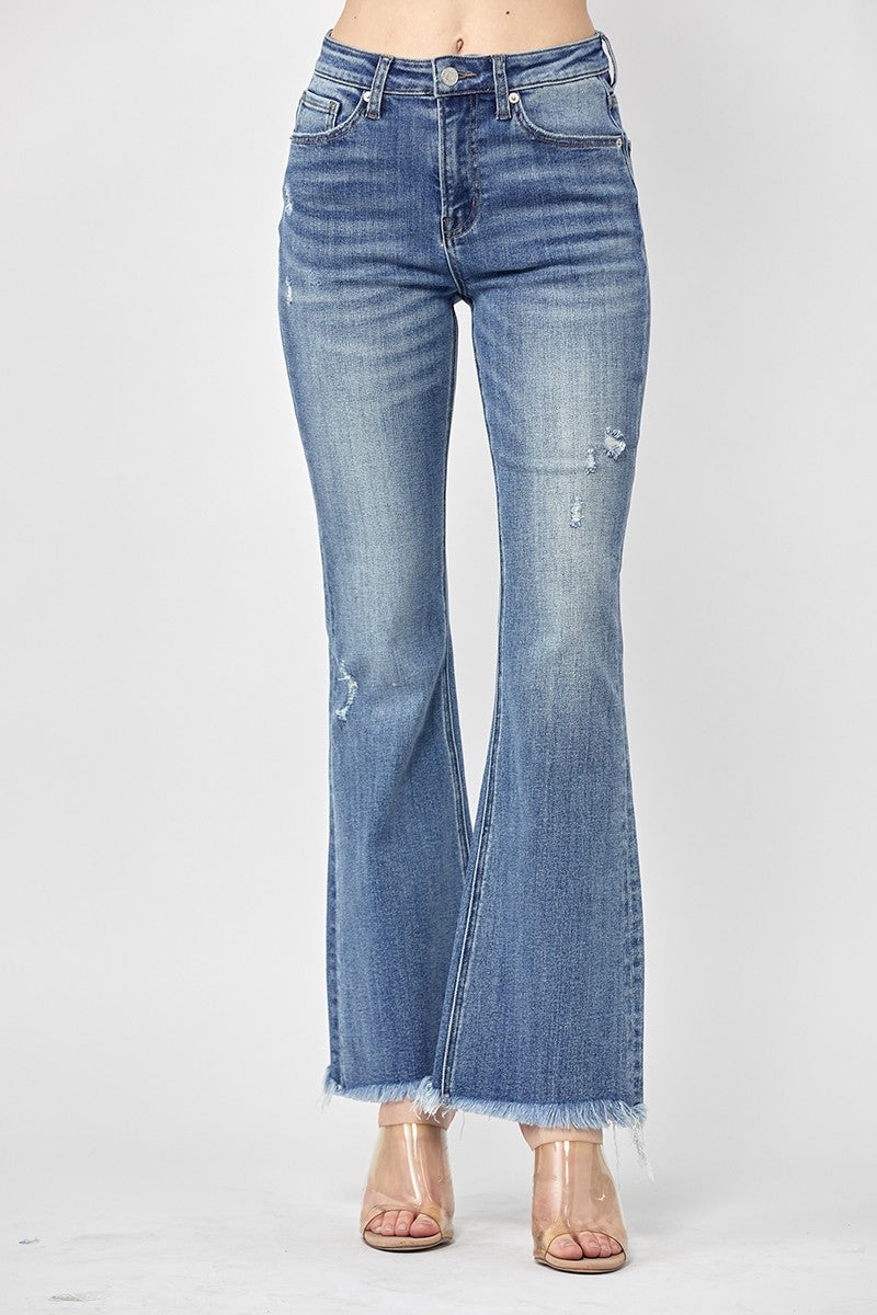 Risen High Rise Vintage Frayed Hem Bootcut Jeans