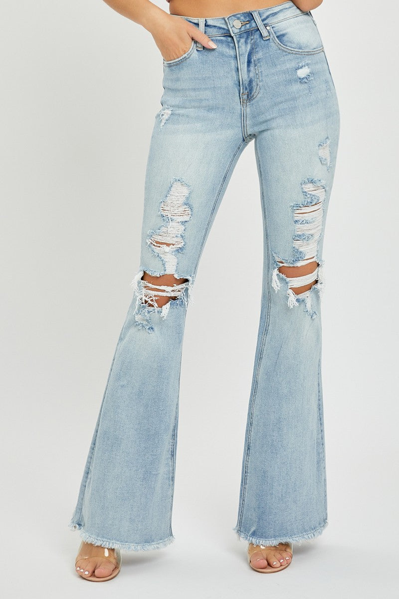 Risen High Rise Light Wash Distressed Flare Jeans