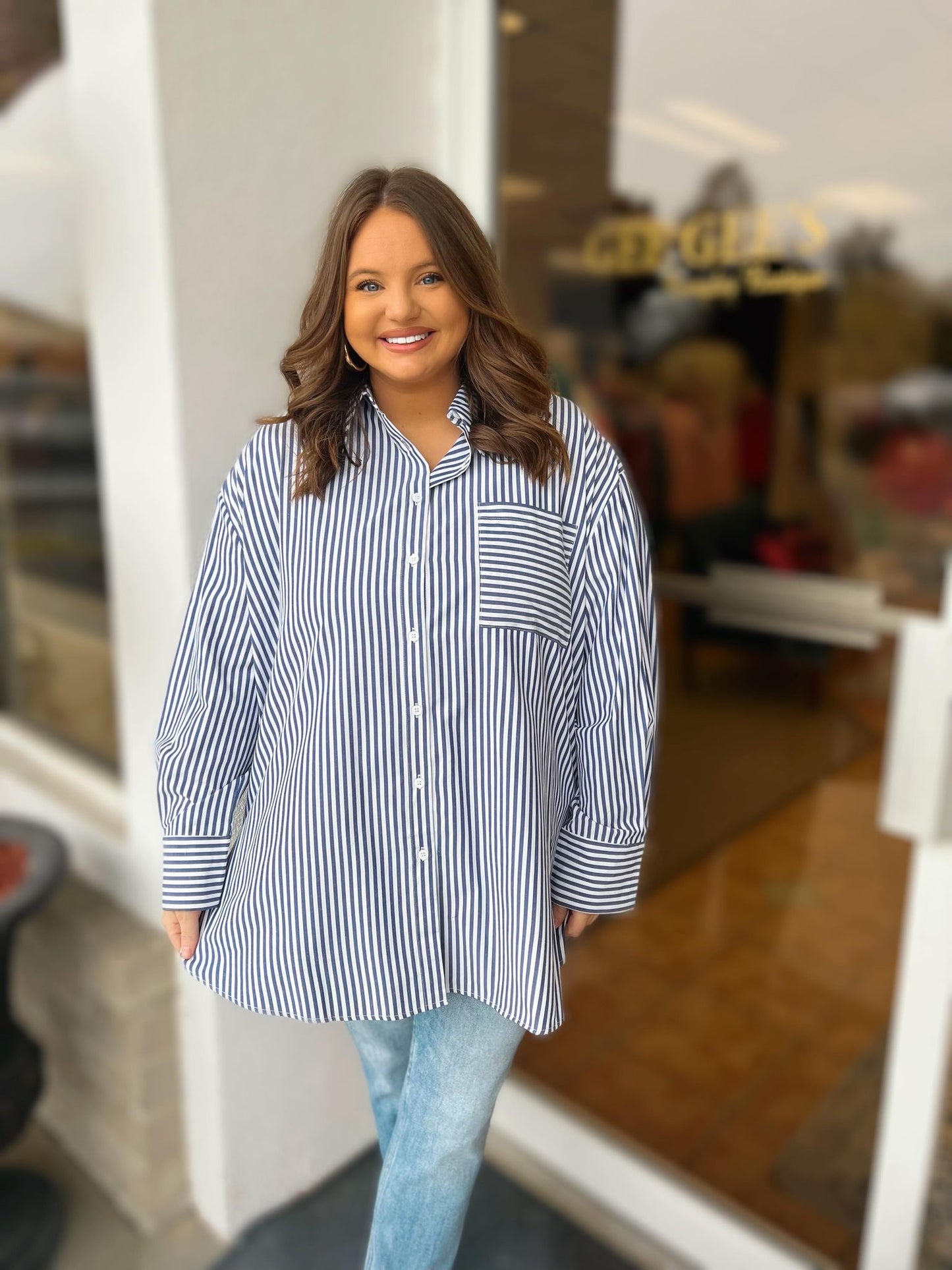 Curvy Sadie Striped Button Front Top