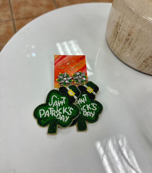 St Patricks Day Beaded Clover Earrings