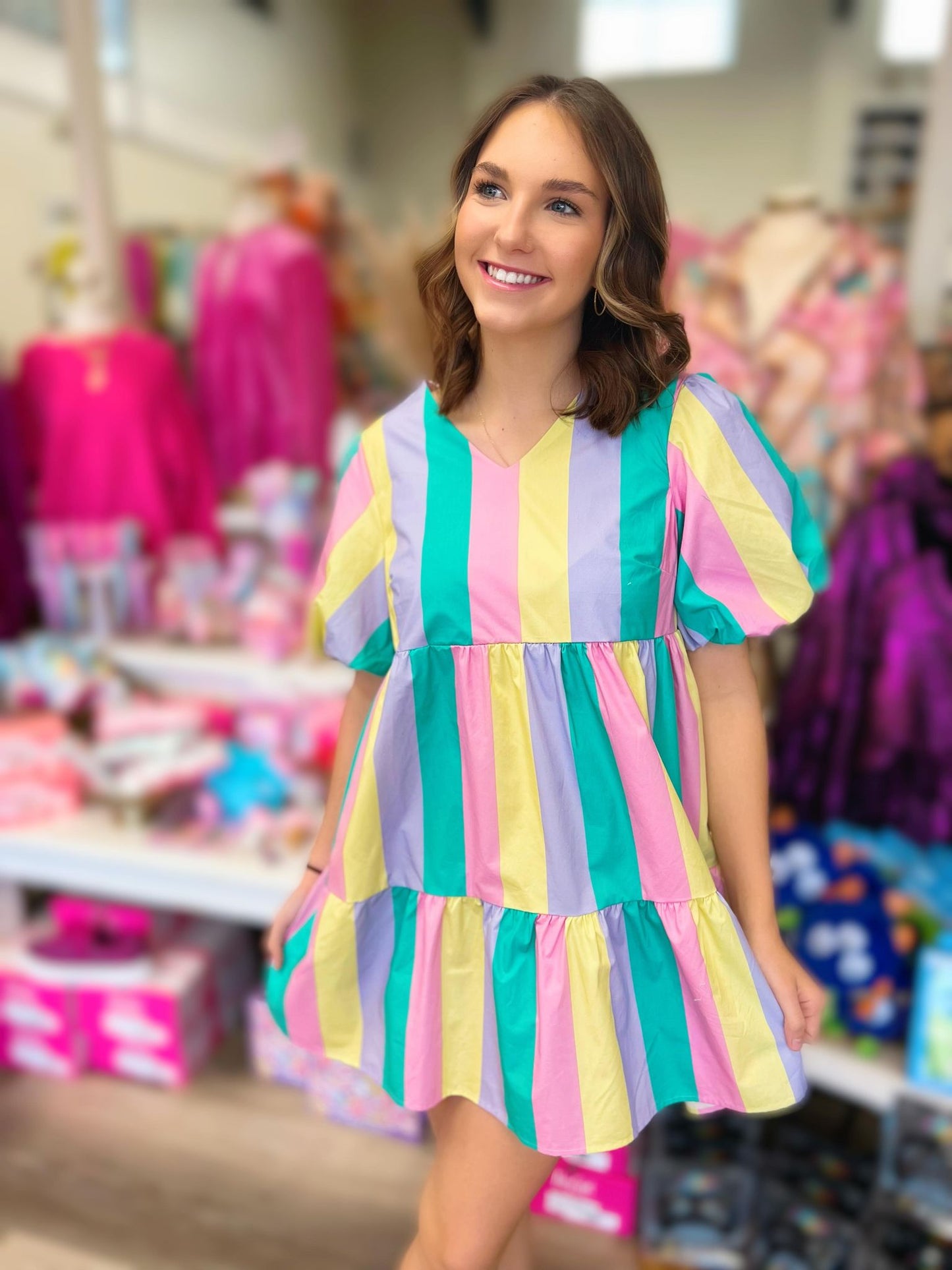 Poplin Pastel Striped Puff Sleeve Dress