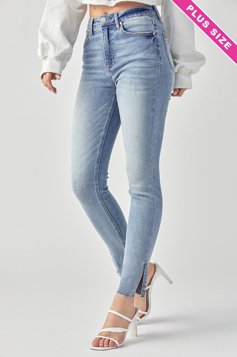 Curvy Risen High Rise Relaxed Light Wash Skinny Jeans With Slits
